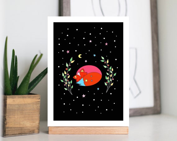 A4 / A5 print: Sleeping fox under the stars print. Cute fox, starry night, winter berries print. Unframed.