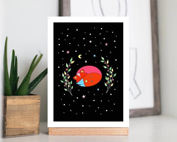 A4 / A5 unframed print: Sleeping fox under the stars print. Cute fox, starry night, winter berries print. Unframed.