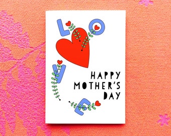 Tarjeta del feliz día de la madre. Tarjeta de corazón y flores de amor. Tarjeta del Día de la Madre L O V E.