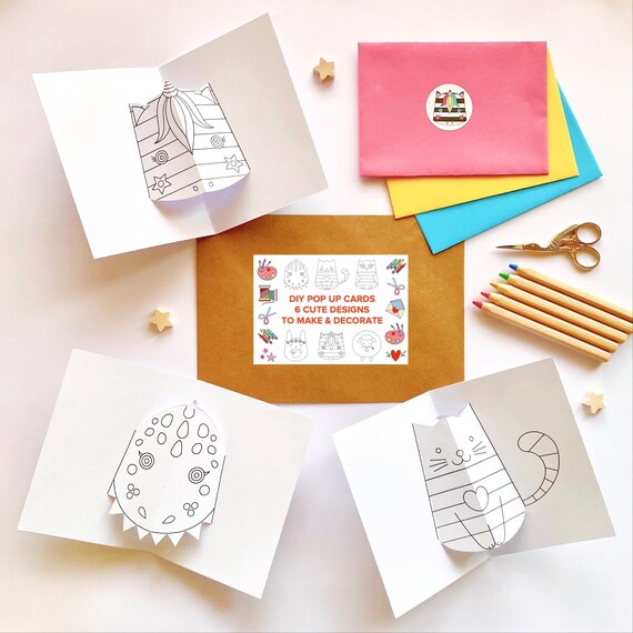 DIY pop-up cards kit. Make your own pop up cards with 6 cute animal designs. Kids paper craft kit.