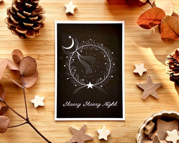 Starry Starry Night. Black and white Christmas card. Winter wreath, moon and stars card.