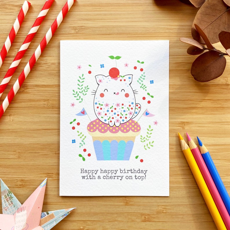 Cute cat with cupcake birthday card. Happy happy birthday with a cherry on top image 6