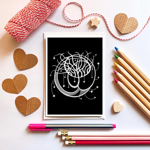Black and white winter tree. Winter tree and stars, black and white card, winter solstice, starry night.