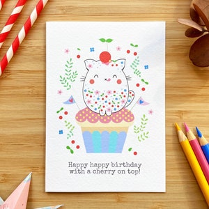 Cute cat with cupcake birthday card. Happy happy birthday with a cherry on top image 1