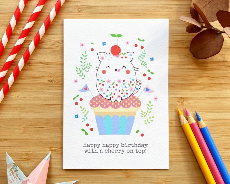 Cute cat with cupcake birthday card. Happy happy birthday with a cherry on top image 1