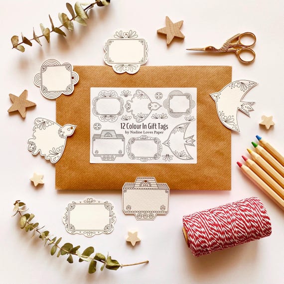 12 colour in gift tags. 12 vintage style gift tags to cut out and colour in, with festive twine. Handmade Christmas gift wrapping.