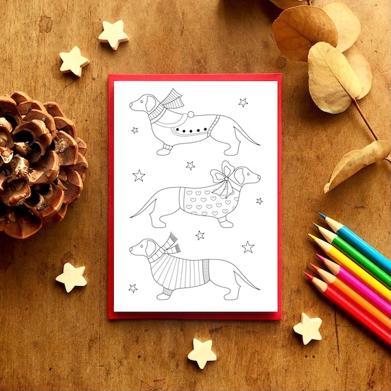 6 Festive colour in greeting cards, Pack 2. Colouring cards for kids. 6 festive designs with 6 red envelopes.