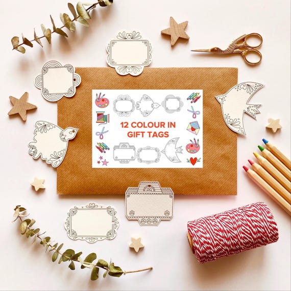 12 colour in gift tags. 12 vintage style gift tags to cut out and colour in, with festive twine. Mindful Christmas gift wrapping.