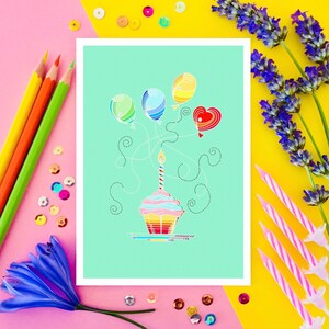 Cupcake e palloncini per feste, biglietti di compleanno, biglietti di anniversario.