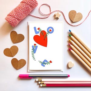 AMOR, corazón de amor y flores en forma de corazón. Tarjeta de "Te amo", tarjeta de San Valentín, tarjeta de compromiso o boda. Tarjeta de felicitación A6.