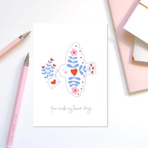 Tu fais chanter mon coeur. Carte de voeux A6 Love Bird. Carte d'amour, carte de la Saint-Valentin, carte de fiançailles.