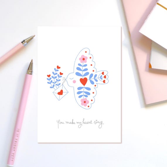 You make my heart sing. Love bird A6 greeting card. Love card, Valentine card, engagement card.