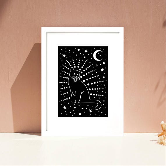 Wise black cat, moon & stars, A4 / A5 unframed print. Cat print. Black and white print.