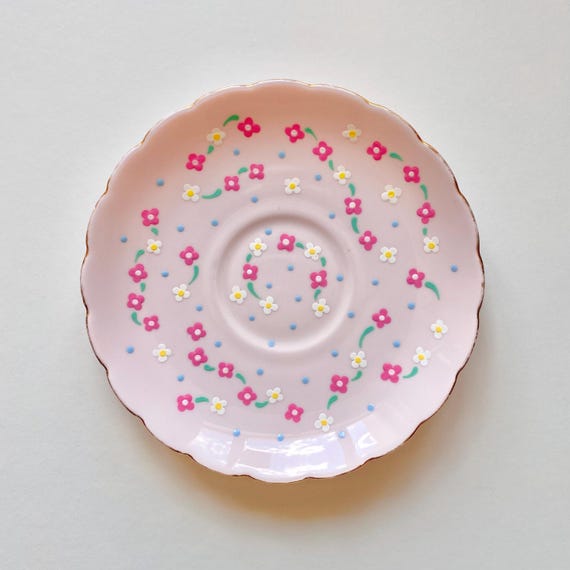 Hand painted vintage porcelain plate. Soft pink vintage saucer painted with cherry blossoms. Decorative wall plate.