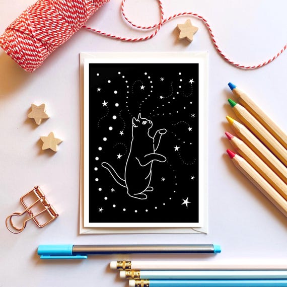 Black cat playing with stars, greeting card. Halloween card.