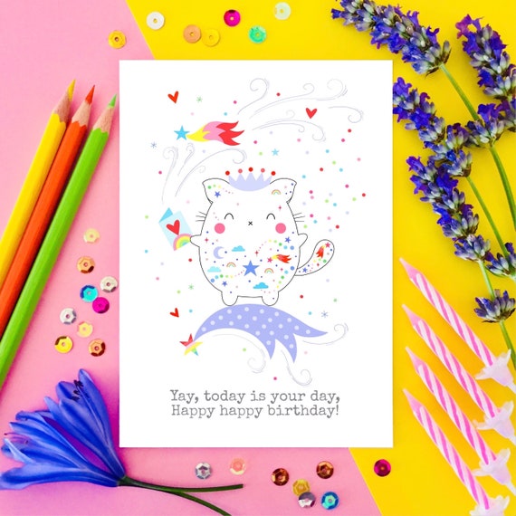 Cute cat and confetti birthday card. Yay, today is your day, happy happy birthday!