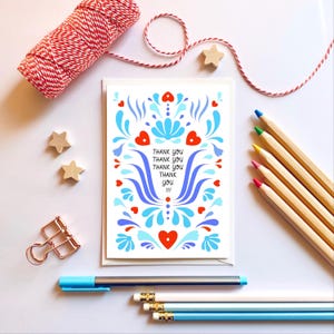 ¡¡¡Gracias, gracias, gracias!!! Tarjeta de agradecimiento en estilo folklórico escandinavo azul. Tarjeta de agradecimiento irlandesa.