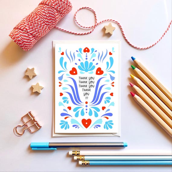 Thank you thank you thank you!!! Blue scandi folk style thank you card. Irish thank you card.