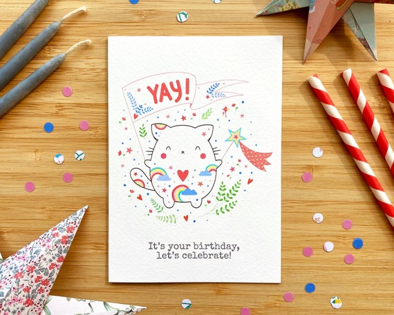Cute cat with banner birthday card. It’s your birthday, let’s celebrate!