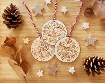 3 laser cut wooden Christmas ornaments. Scandi inspired Christmas tree decorations. Laser engraved wooden ornaments with optional gift box.