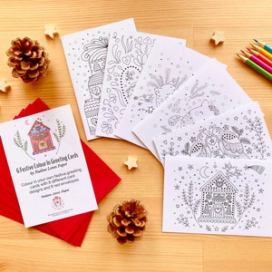 Festive colouring cards, Pack 2. Colour your own cute greeting cards. 6 colour in greeting cards. Eco craft kit. Kids paper craft.