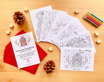 Festive colouring cards, Pack 2. Colour your own cute greeting cards. 6 colour in greeting cards. Eco craft kit. Kids paper craft.