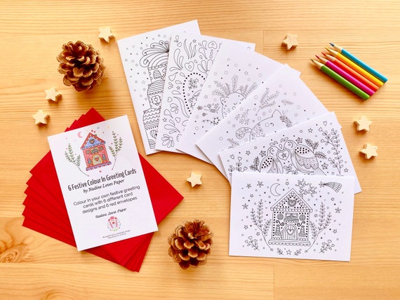 Festive colouring cards, Pack 2. Colour your own cute greeting cards. 6 colour in greeting cards. Eco craft kit. Kids paper craft.