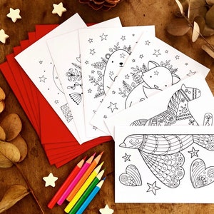 6 biglietti di auguri colorati per le feste, confezione da 1. Colora i tuoi biglietti di auguri carini. 6 design con 6 buste rosse. Biglietti da colorare per bambini.