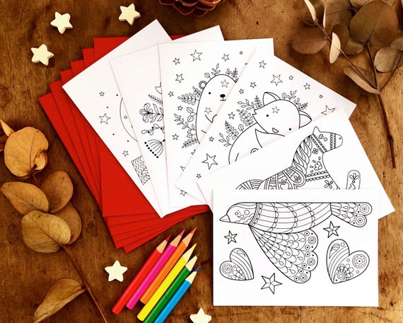 6 Festive colour in greeting cards, Pack 1. Colour your own cute greeting cards. 6 designs with 6 red envelopes. Colouring cards for kids.