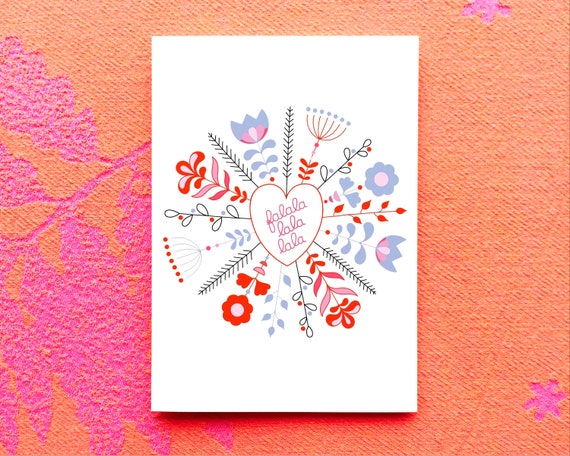 Falalalala pink and grey scandi inspired Christmas wreath card. Folk art Christmas card. Falala-lala-lala card. Scandi style Christmas.