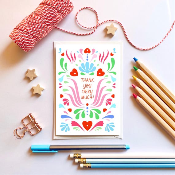Thank you very much! Pink and green scandi folk pattern thank you card. Irish thank you card.