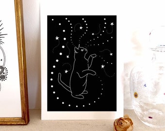 A4 / A5 print, Black Cat & Stars. Black and white print. Cat print.