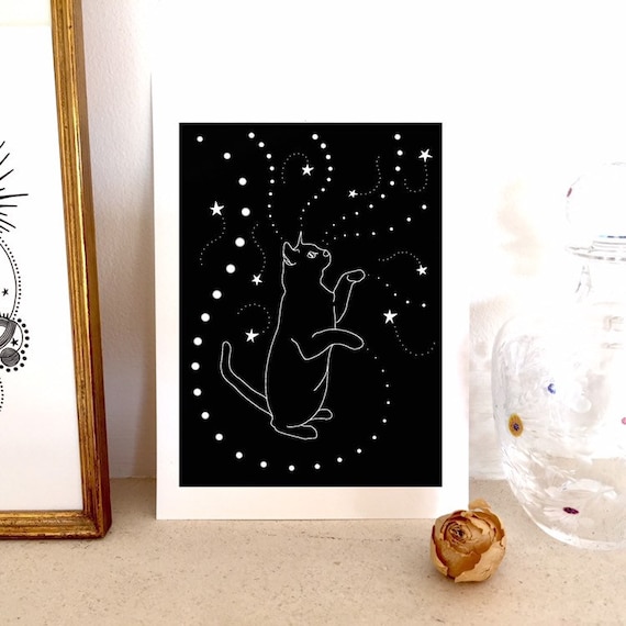 A4 / A5 unframed print, Black Cat & Stars. Black and white print. Cat print.