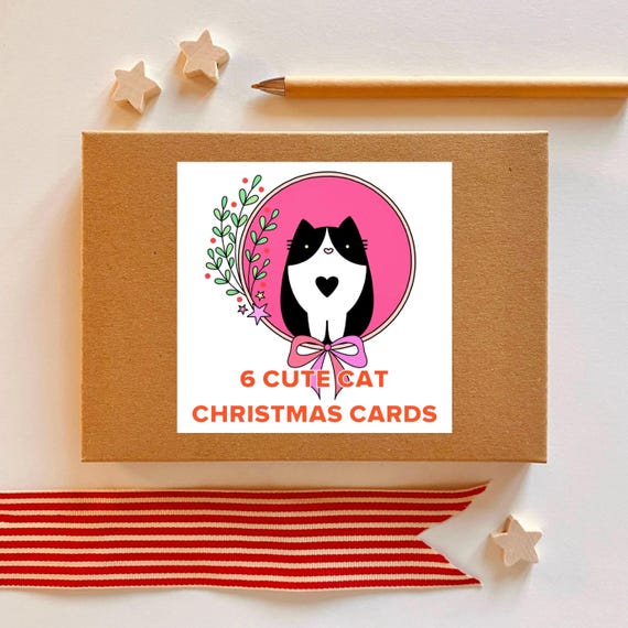 6 cute cat Christmas cards. Pack of 6 Christmas cards, with 2 each of 3 designs and 6 envelopes.