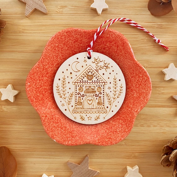 Cosy winter cottage wooden ornament. Handmade Christmas decoration. Laser cut Christmas ornament.