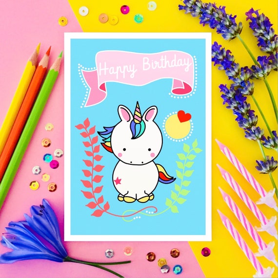 Cute rainbow unicorn birthday card with a pink scroll banner. Personalised birthday card.