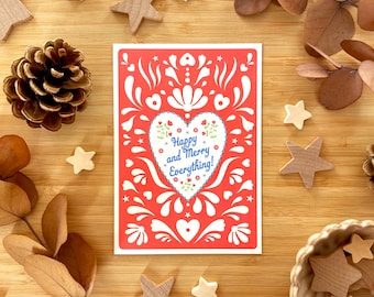 Happy and Merry Everything! Scandi style card. Folk pattern and heart. Eco Christmas card.