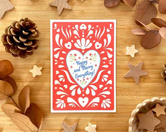 Happy and Merry Everything! Scandi style card. Folk pattern and heart. Eco Christmas card.