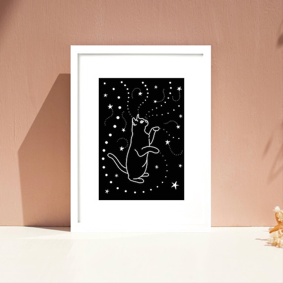 Black cat and stars, A4 / A5 unframed print. Cat print. Black and white print.