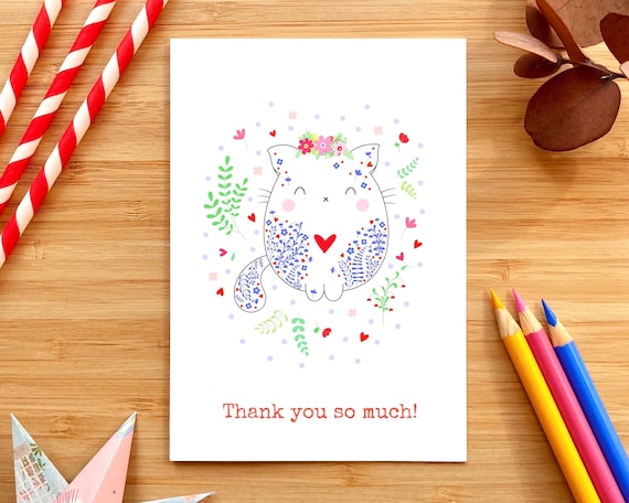 Thank you so much! Cute cat thank you card. Cat with a flower crown. Thank you greeting card.