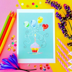 Party cupcake and balloons, birthday card, anniversary card. image 1