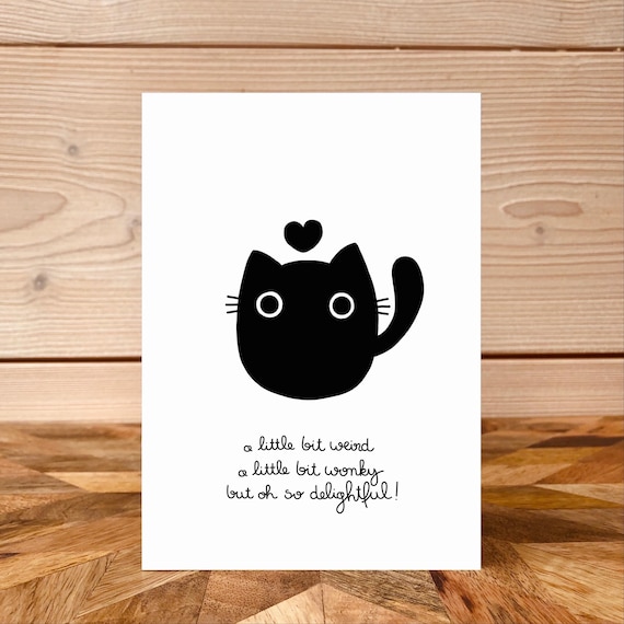 Cute wonky cat print. A5 / A4 unframed print. Cute black cat print. Funny black cat print.