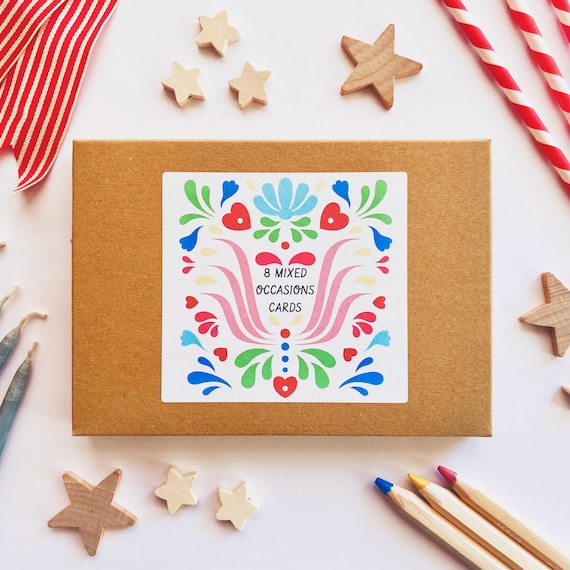 8 mixed occasions greeting cards with bright scandi folk patterns & 8 envelopes. Thank you, congratulations, happy birthday and more…