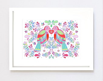A4 / A5 print. Love birds. Scandi style birds and leaves print.