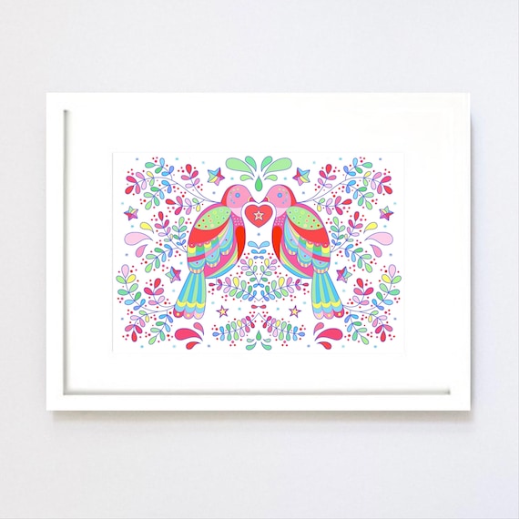A4 / A5 print. Love birds. Scandi style birds and leaves print.