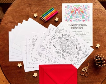 6 festliche Farbkarten in Pop Up Karten. Basteln Sie Ihre eigenen Weihnachtskarten. Skandinavisches Karten Kit zum basteln. Papierkunst für Kinder. Öko Handwerk.