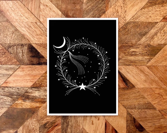 Moon and stars wreath. Black and white Wreath greeting card.