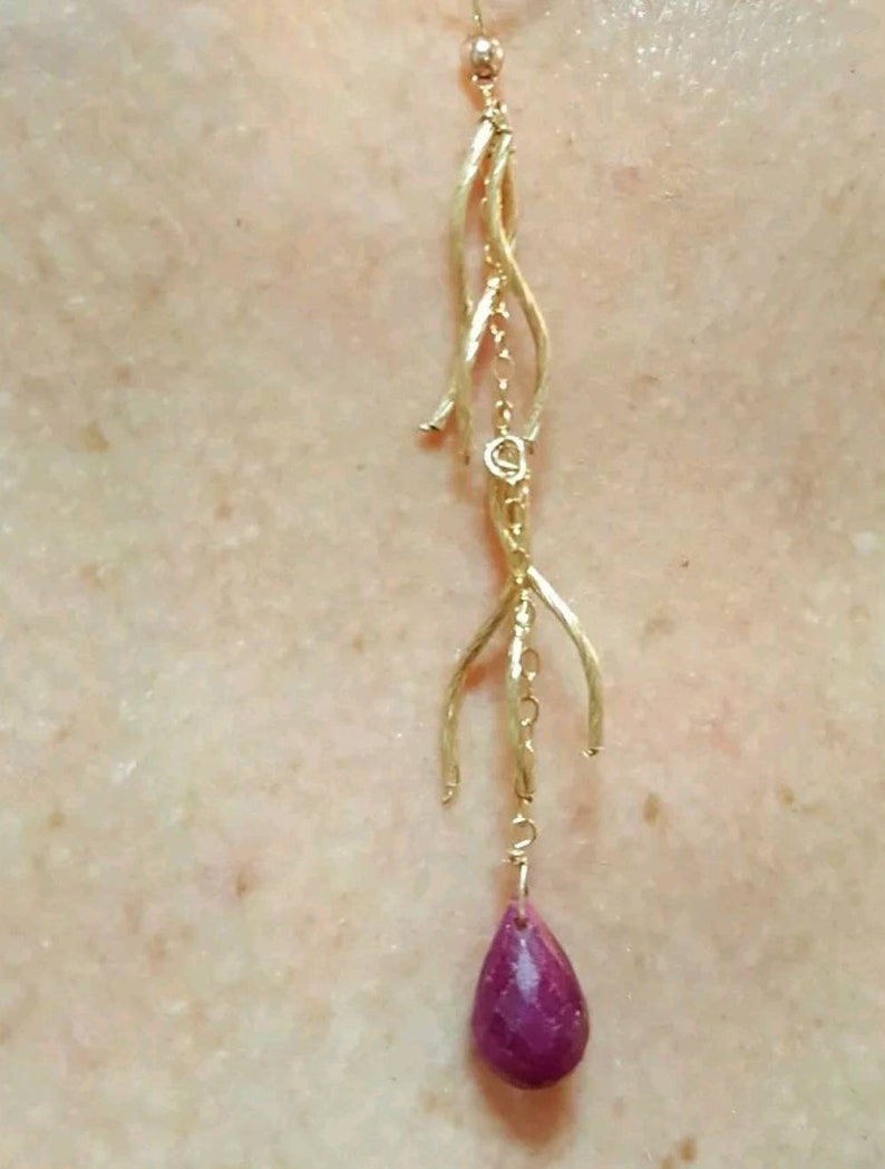 Genuine Ruby briolette pear drop wave twist tassel solid 14k yellow gold necklace pendant