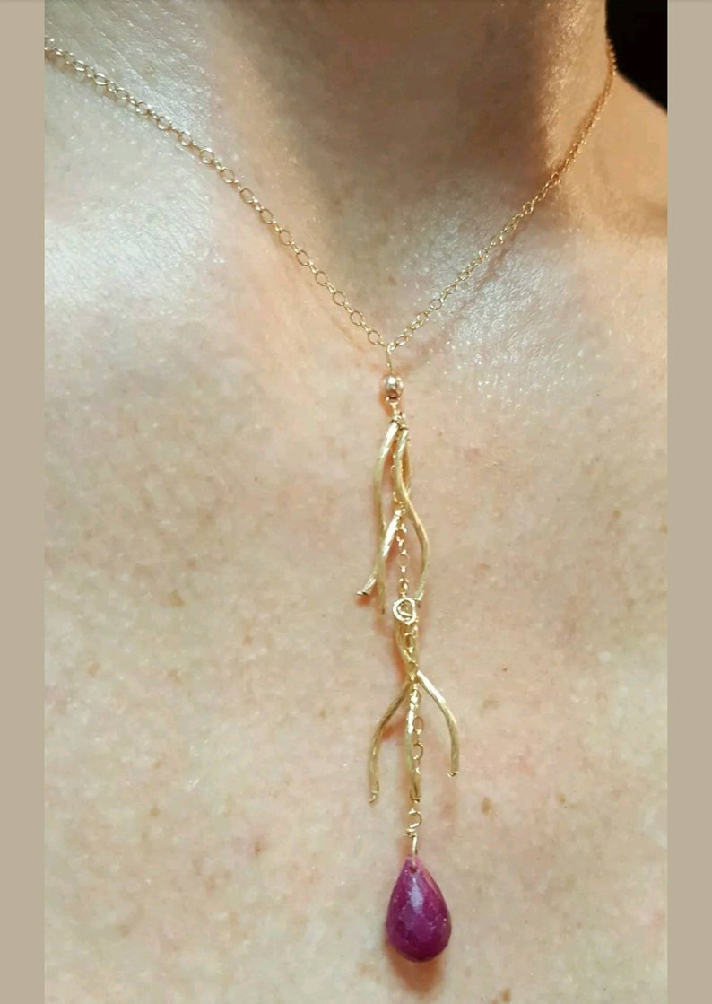 Genuine Ruby briolette pear drop wave twist tassel solid 14k yellow gold necklace pendant
