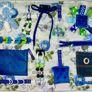 Blue Flower Garden Fidget Blanket: Sensory Lap Quilt for Dementia